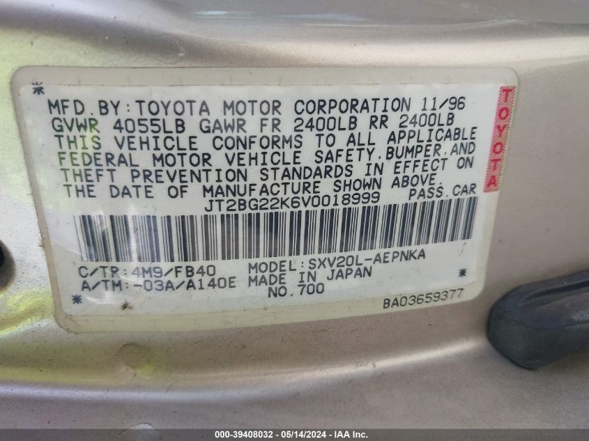 1997 Toyota Camry Le VIN: JT2BG22K6V0018999 Lot: 39408032