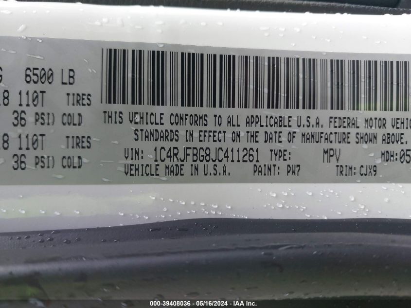 2018 Jeep Grand Cherokee Limited 4X4 VIN: 1C4RJFBG8JC411261 Lot: 39408036