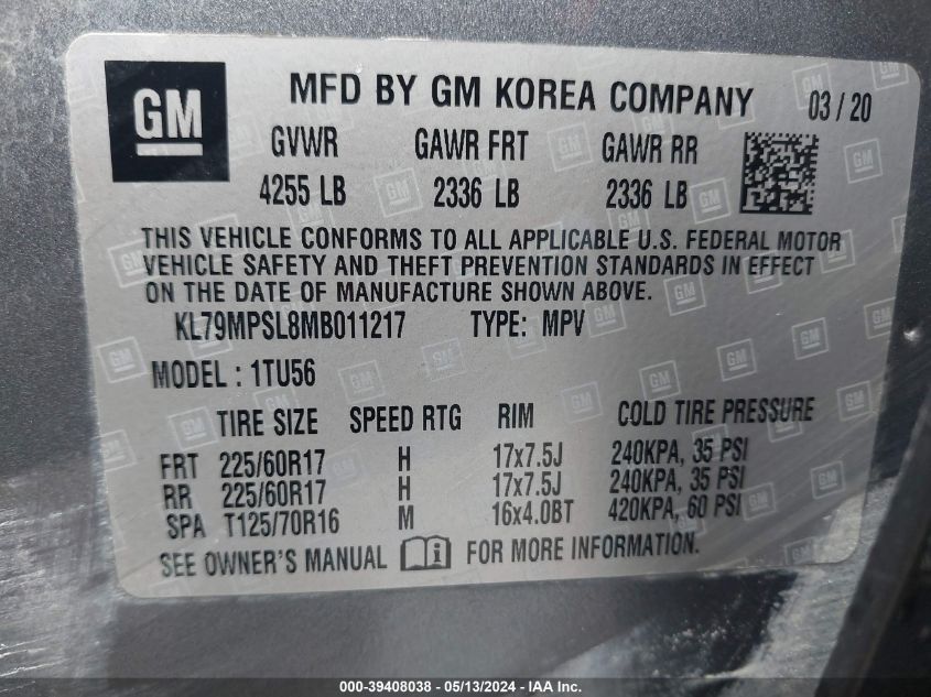 2021 Chevrolet Trailblazer Fwd Lt VIN: KL79MPSL8MB011217 Lot: 39408038