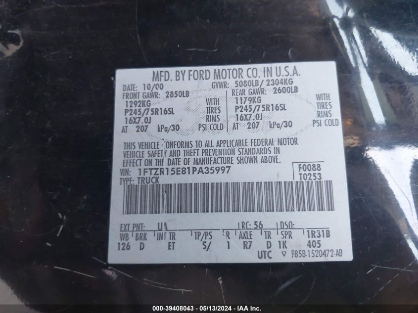 2001 Ford Ranger Edge/Xlt VIN: 1FTZR15E81PA35997 Lot: 39408043