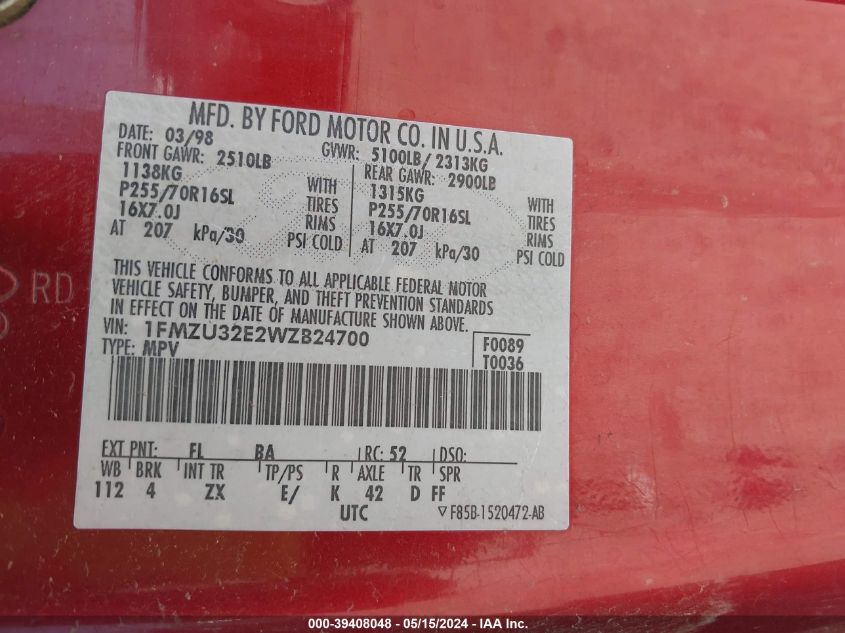 1998 Ford Explorer Eddie Bauer/Limited/Xl/Xlt VIN: 1FMZU32E2WZB24700 Lot: 39408048