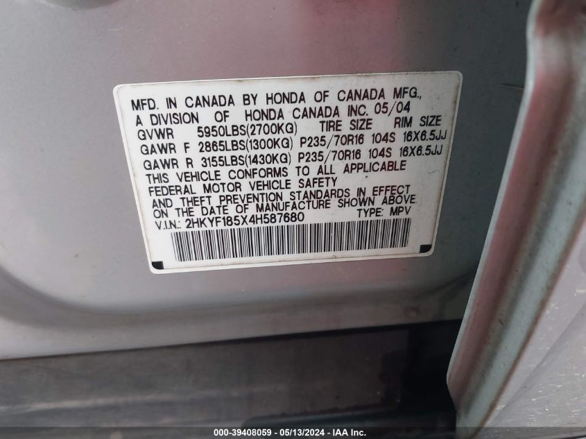2004 Honda Pilot Ex-L VIN: 2HKYF185X4H587680 Lot: 39408059