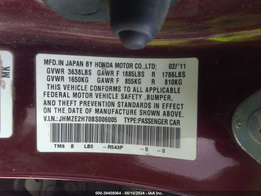 2011 Honda Insight Ex VIN: JHMZE2H70BS006005 Lot: 39408064