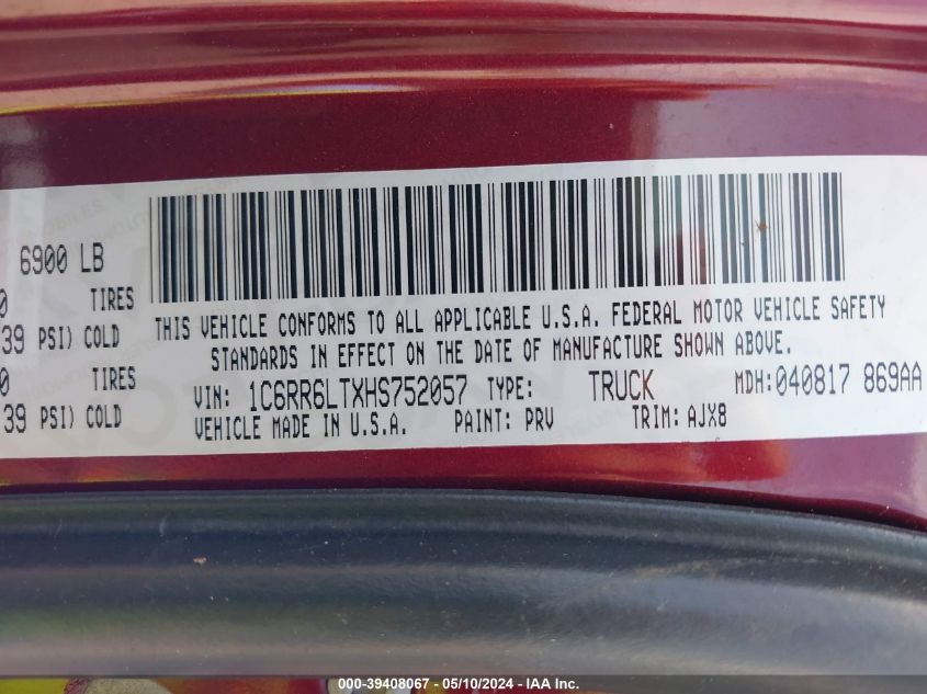 2017 Ram 1500 Lone Star Silver 4X2 5'7 Box VIN: 1C6RR6LTXHS752057 Lot: 39408067