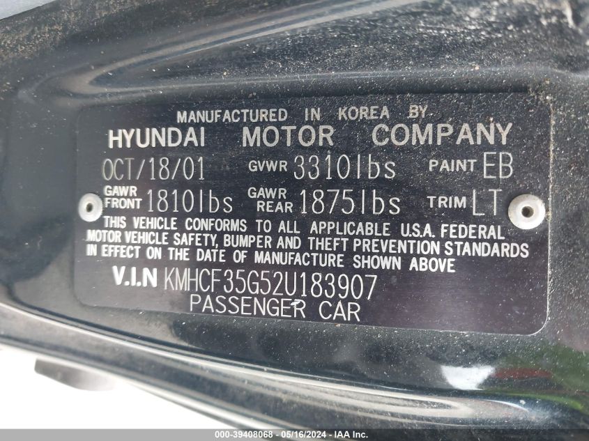 2002 Hyundai Accent L VIN: KMHCF35G52U183907 Lot: 39408068