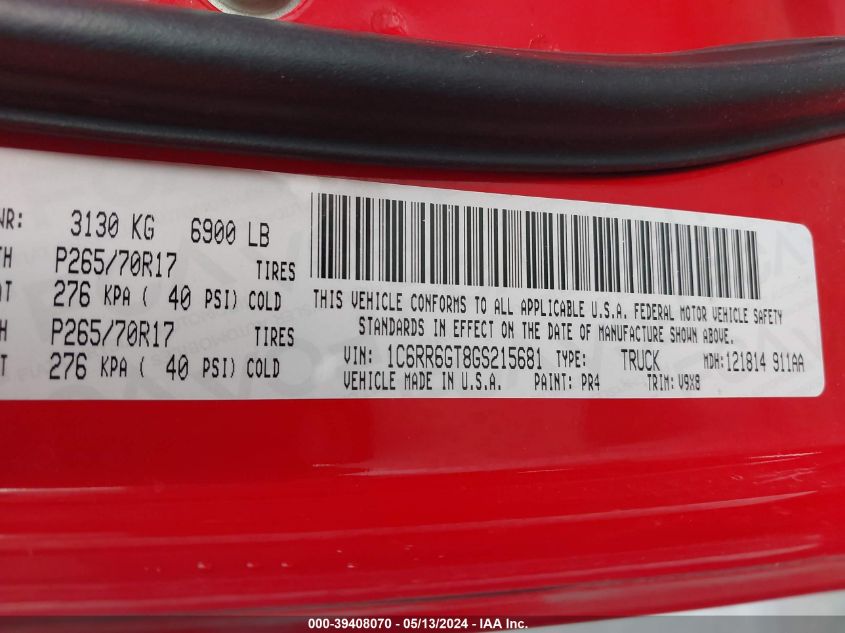 2016 Ram 1500 Slt VIN: 1C6RR6GT8GS215681 Lot: 39408070