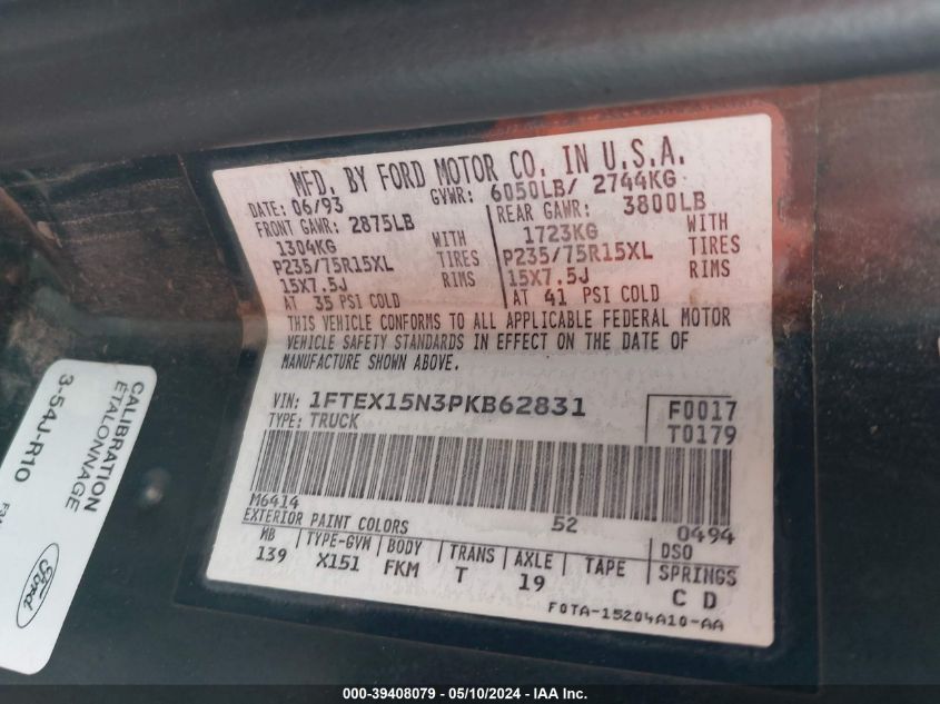 1993 Ford F150 VIN: 1FTEX15N3PKB62831 Lot: 39408079