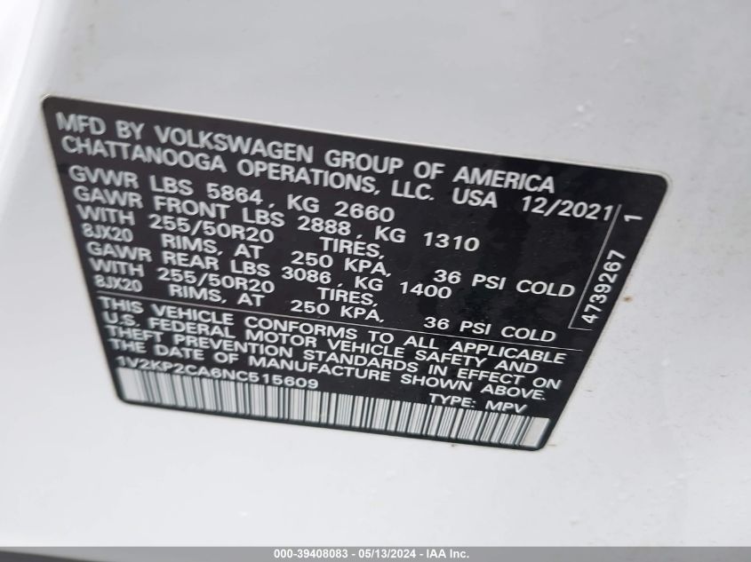 2022 Volkswagen Atlas 2.0T Se W/Technology VIN: 1V2KP2CA6NC515609 Lot: 39408083