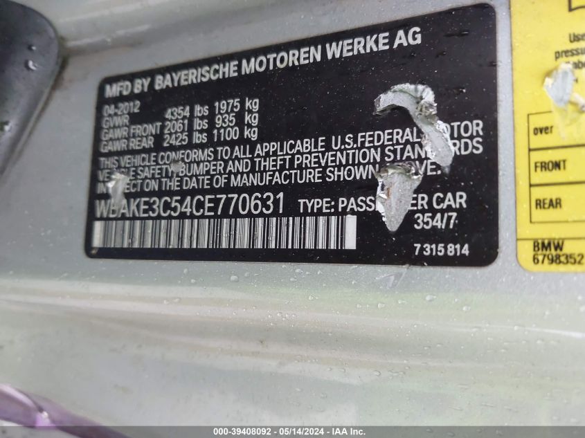 2012 BMW 328I VIN: WBAKE3C54CE770631 Lot: 39408092