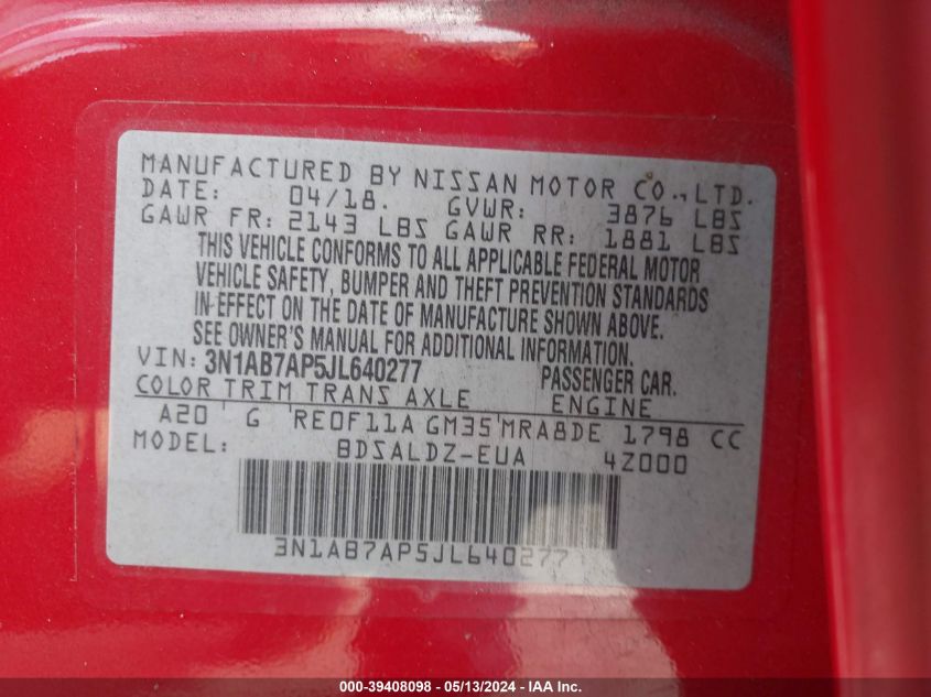 2018 Nissan Sentra Sv VIN: 3N1AB7AP5JL640277 Lot: 39408098