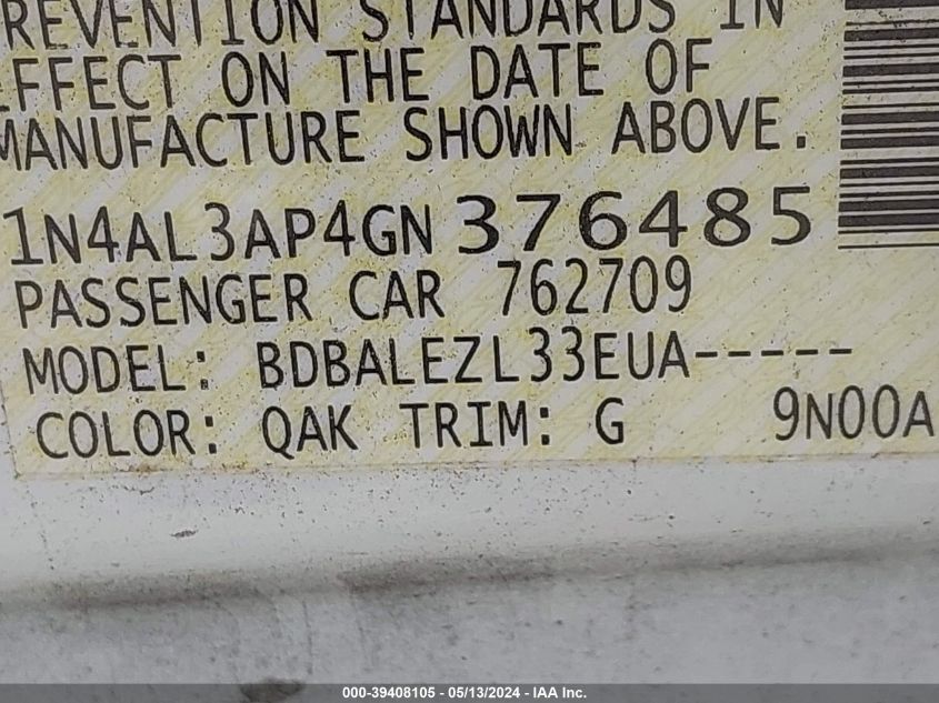 2016 Nissan Altima 2.5/2.5 S/2.5 Sl/2.5 Sr/2.5 Sv VIN: 1N4AL3AP4GN376485 Lot: 39408105