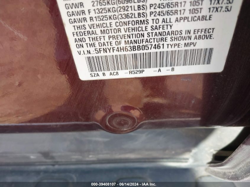 2011 Honda Pilot Ex-L VIN: 5FNYF4H63BB057461 Lot: 39408107