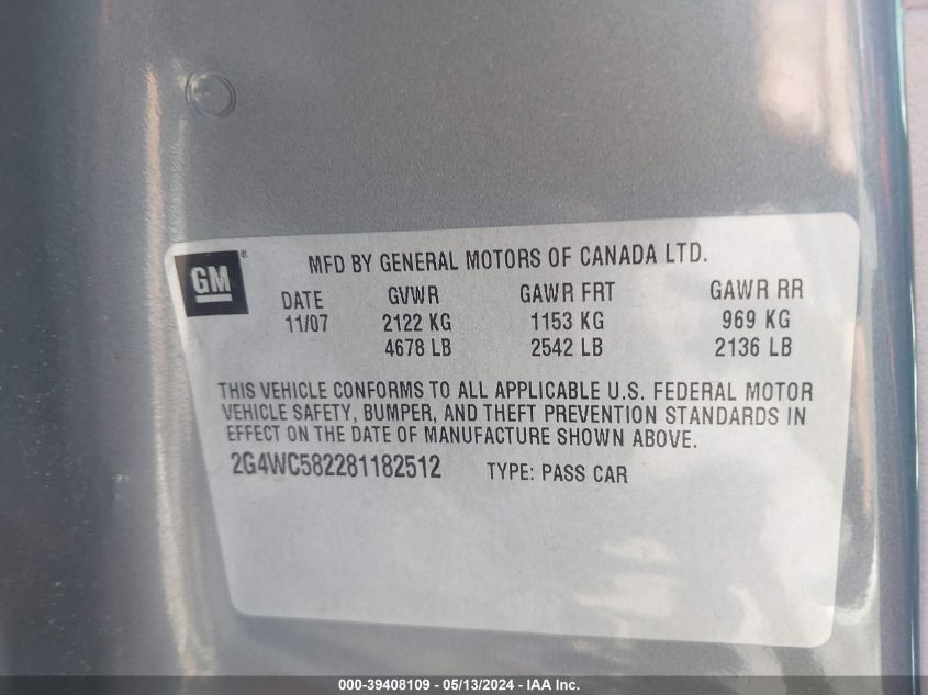 2008 Buick Lacrosse Cx VIN: 2G4WC582281182512 Lot: 39408109
