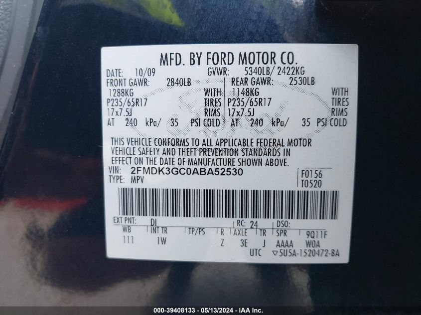 2010 Ford Edge Se VIN: 2FMDK3GC0ABA52530 Lot: 39408133