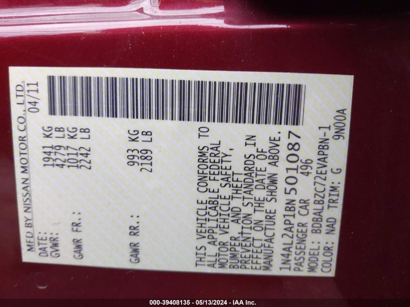 2011 Nissan Altima 2.5 S VIN: 1N4AL2AP1BN501087 Lot: 39408135