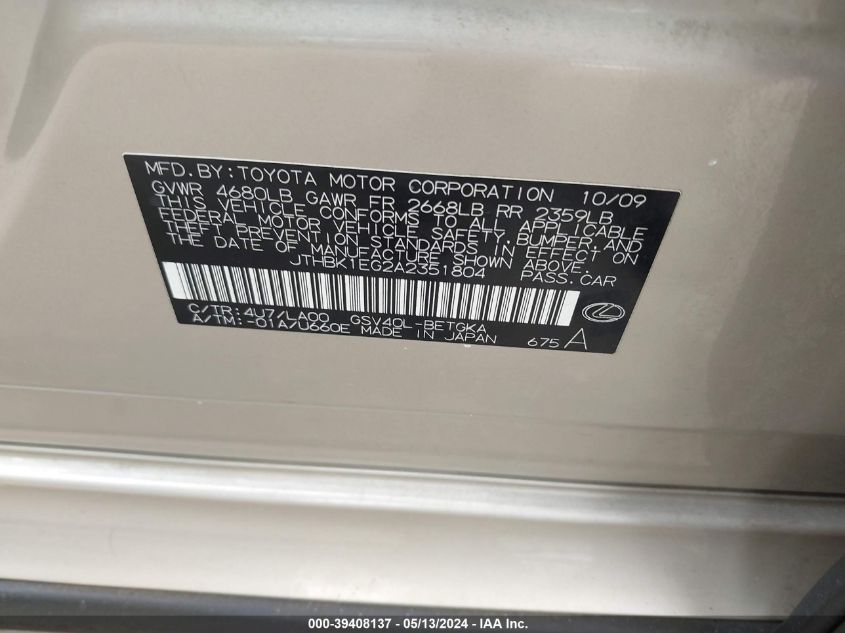 2010 Lexus Es 350 VIN: JTHBK1EG2A2351804 Lot: 39408137