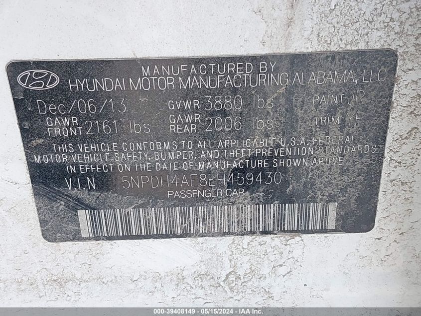 2014 Hyundai Elantra Limited VIN: 5NPDH4AE8EH459430 Lot: 39408149