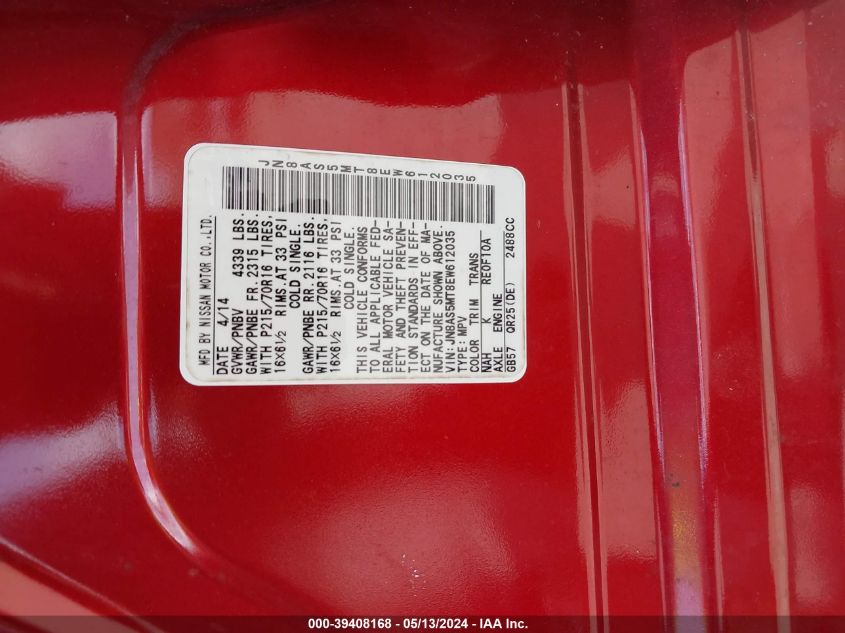 2014 Nissan Rogue Select S VIN: JN8AS5MT8EW612035 Lot: 39408168