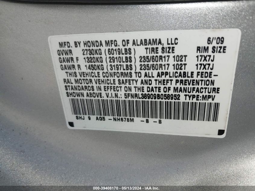 2009 Honda Odyssey Touring VIN: 5FNRL38909B058952 Lot: 39408170