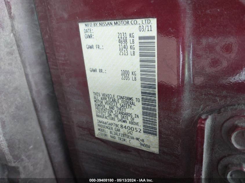 2011 Nissan Maxima 3.5 Sv VIN: 1N4AA5AP7BC840052 Lot: 39408180