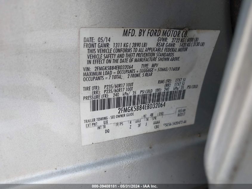 2014 Ford Flex Se VIN: 2FMGK5B84EBD32064 Lot: 39408181