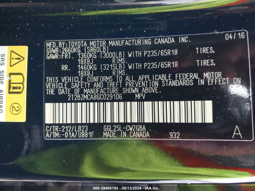 2016 Lexus Rx 350 VIN: 2T2BZMCA8GC029106 Lot: 39408193