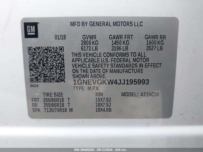 2018 Chevrolet Traverse 1Lt VIN: 1GNEVGKW4JJ195993 Lot: 39408200