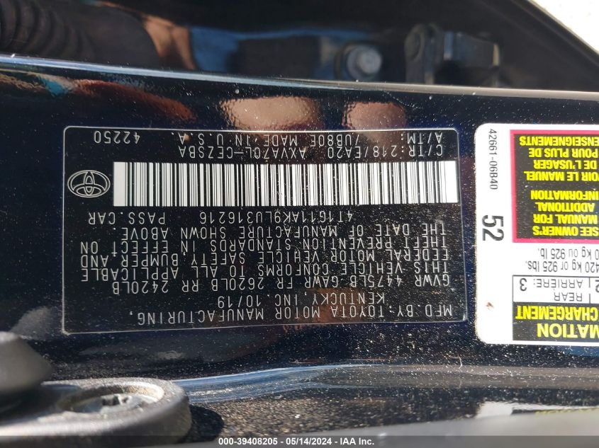 2020 Toyota Camry Se VIN: 4T1G11AK9LU316216 Lot: 39408205