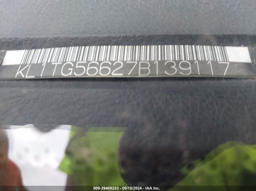 2007 Chevrolet Aveo Lt VIN: KL1TG56627B139117 Lot: 39408233