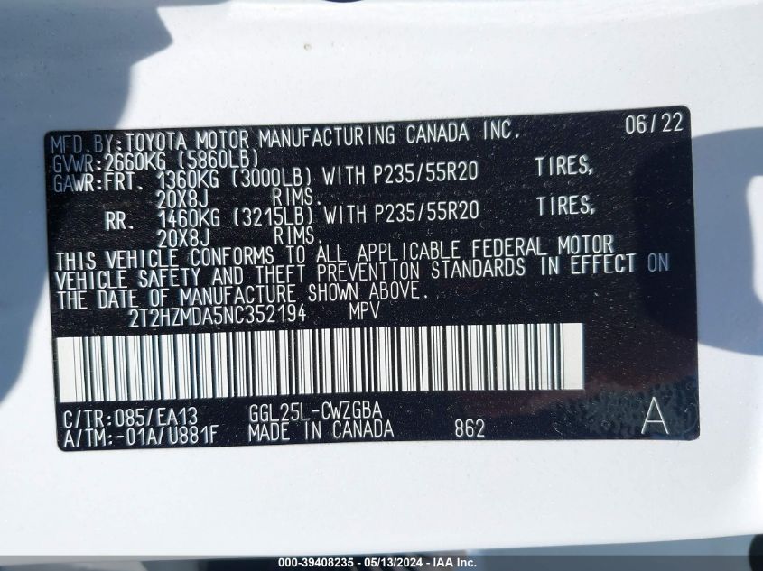 2022 Lexus Rx 350 VIN: 2T2HZMDA5NC352194 Lot: 39408235