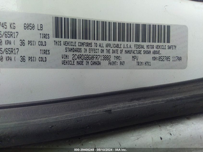 2015 Dodge Grand Caravan Se VIN: 2C4RDGBG0FR713882 Lot: 39408248