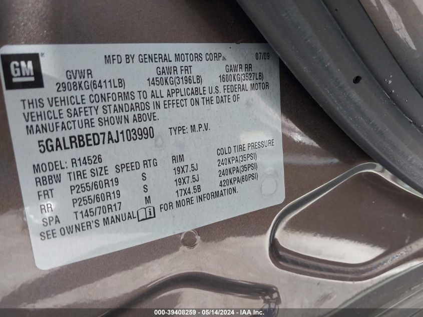 2010 Buick Enclave 1Xl VIN: 5GALRBED7AJ103990 Lot: 39408259