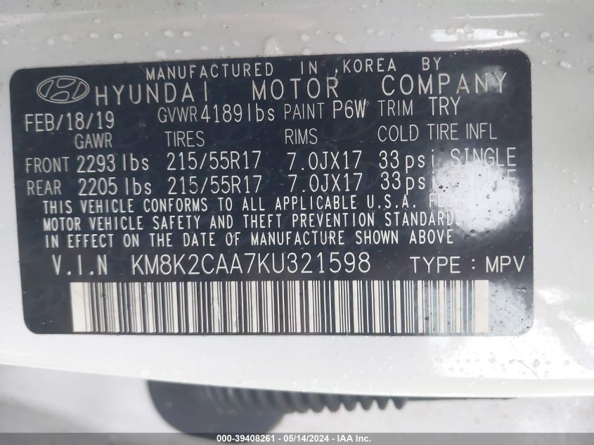 2019 Hyundai Kona Sel VIN: KM8K2CAA7KU321598 Lot: 39408261