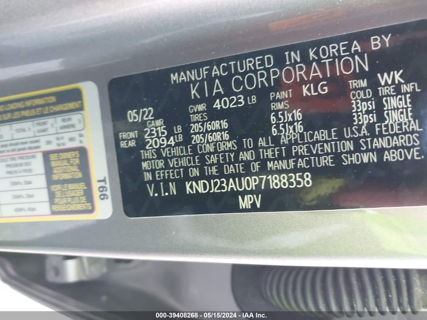 2023 Kia Soul Lx VIN: KNDJ23AU0P7188358 Lot: 39408268