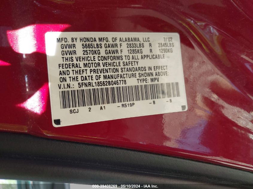 2002 Honda Odyssey Lx VIN: 5FNRL18562B046778 Lot: 39408269