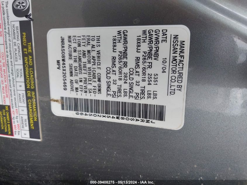 2005 Infiniti Fx35 VIN: JNRAS08W45X205469 Lot: 39408275