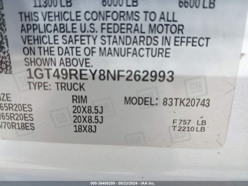 2022 GMC Sierra 2500Hd 4Wd Standard Bed Denali VIN: 1GT49REY8NF262993 Lot: 39408289