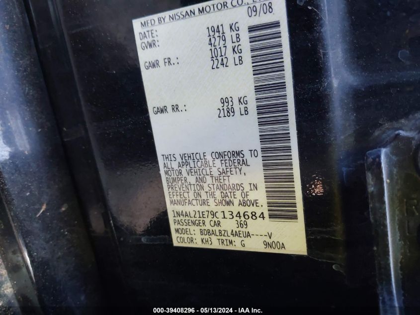 2009 Nissan Altima 2.5 S VIN: 1N4AL21E79C134684 Lot: 39408296