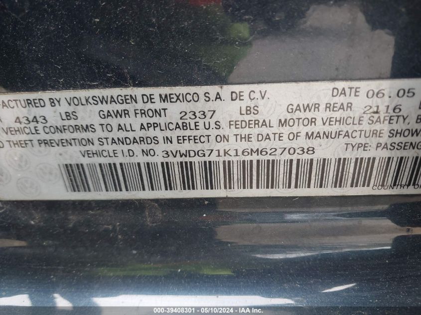 2006 Volkswagen Jetta 2.5 VIN: 3VWDG71K16M627038 Lot: 39408301