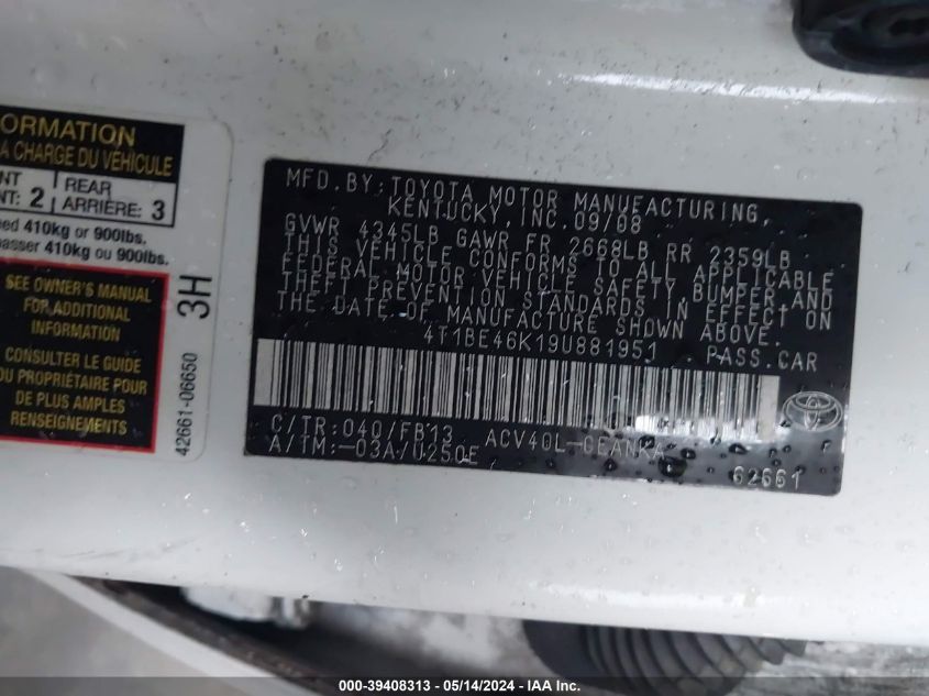 2009 Toyota Camry Le VIN: 4T1BE46K19U881951 Lot: 39408313