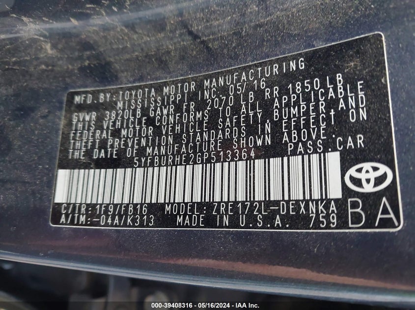 2016 TOYOTA COROLLA LE PLUS - 5YFBURHE2GP513364