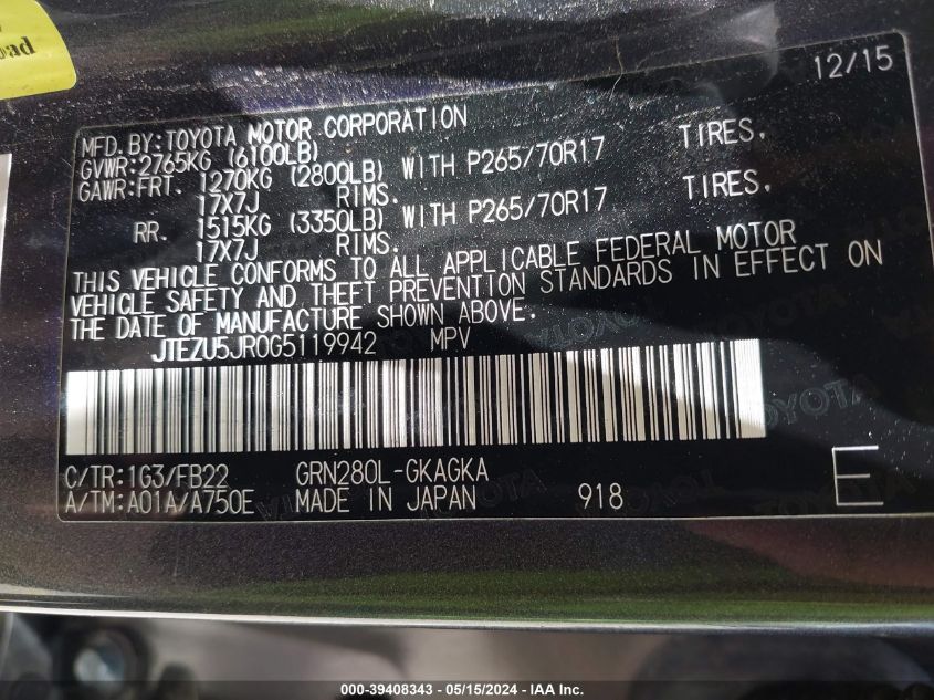 2016 Toyota 4Runner Sr5 VIN: JTEZU5JR0G5119942 Lot: 39408343