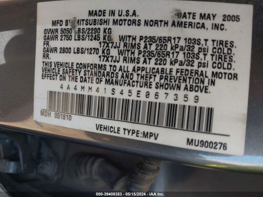 2005 Mitsubishi Endeavor Limited VIN: 4A4MM41S45E067359 Lot: 39408353