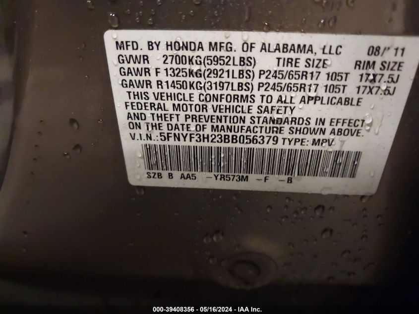 2011 Honda Pilot Lx VIN: 5FNYF3H23BB056379 Lot: 39408356