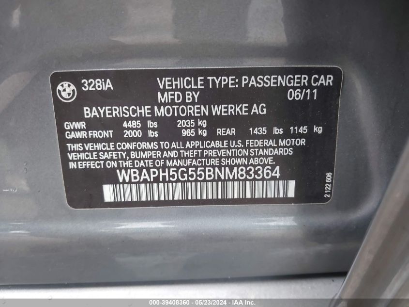 2011 BMW 328I VIN: WBAPH5G55BNM83364 Lot: 39408360