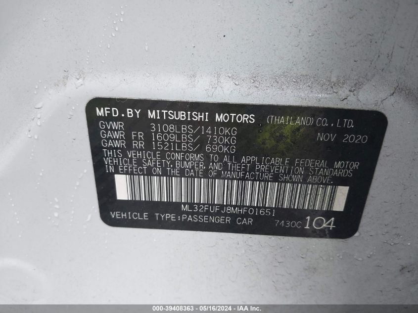 2021 Mitsubishi Mirage G4 Carbonite Edition/Es/Le VIN: ML32FUFJ8MHF01651 Lot: 39408363