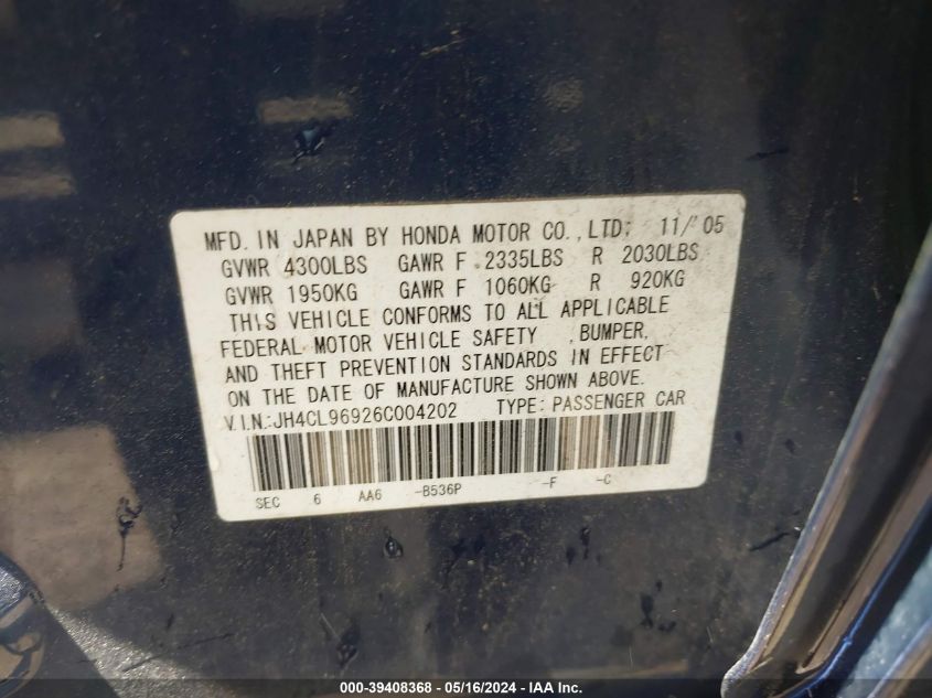 2006 Acura Tsx VIN: JH4CL96926C004202 Lot: 39408368