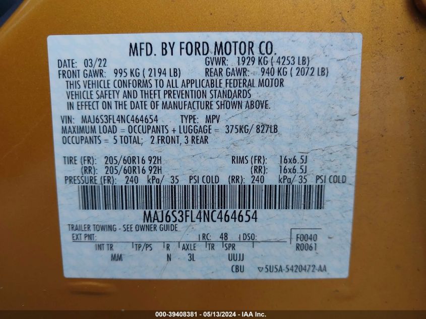 2022 Ford Ecosport S VIN: MAJ6S3FL4NC464654 Lot: 39408381