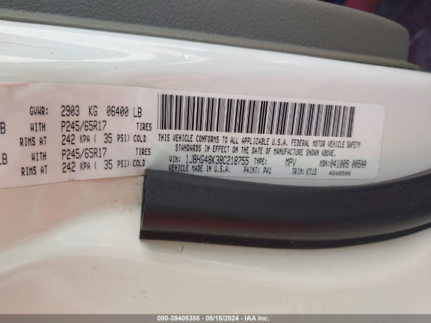 2008 Jeep Commander Sport VIN: 1J8HG48K38C218755 Lot: 39408385