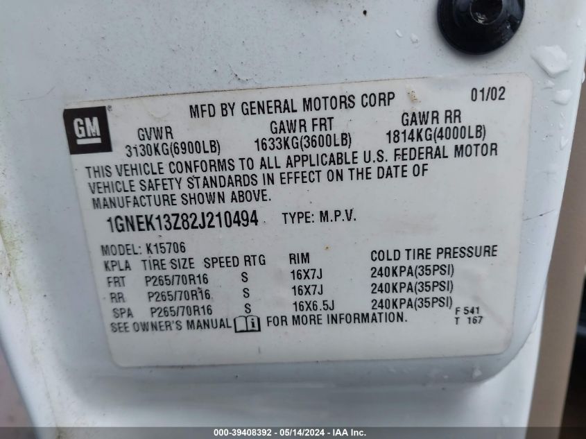 2002 Chevrolet Tahoe Lt VIN: 1GNEK13Z82J210494 Lot: 39408392